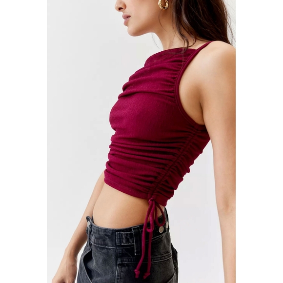 UO Urban Renewal Remnants Textured Side Ruched Tank Top - Maroon NWT - Picture 2 of 5